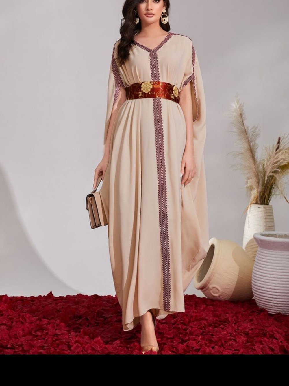 Elegant Beige Maxi Kaftan Dress with Embroidered Trim
